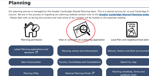 Planning homepage with the planning application icon circled