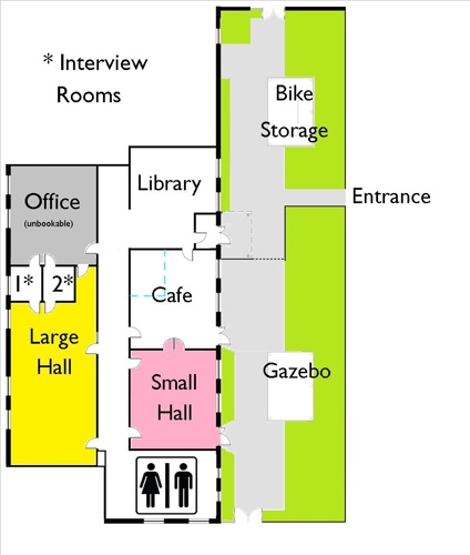 This is a plan of the Northstowe Community Wing. There is an entrance from a garden area through to a foyer that is also a microlibrary, and a wide central corridor.  From this corridor the cafe, both halls and toilets are accessable.