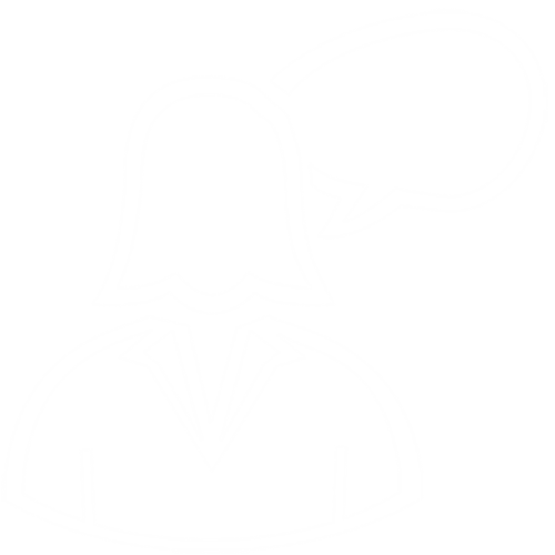 A white icon of a lady with a speech bubble