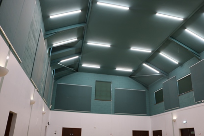 New energy efficient lighting on the inside of the roof if Ickleton Village Hall