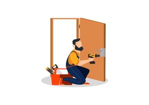 A handyman repairing a door