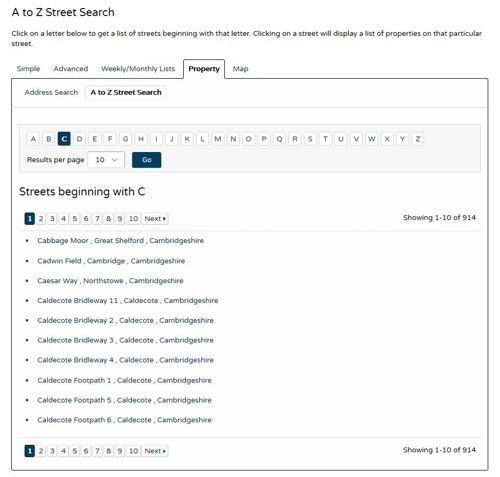 A screenshot of the A to Z Street Search page