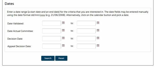 Screenshot of the dates section of the advanced search form.