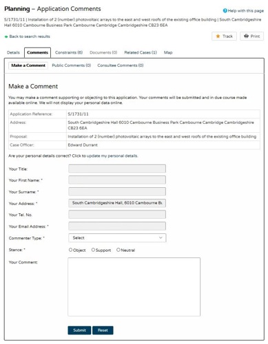 A screenshot of the comments submission form.