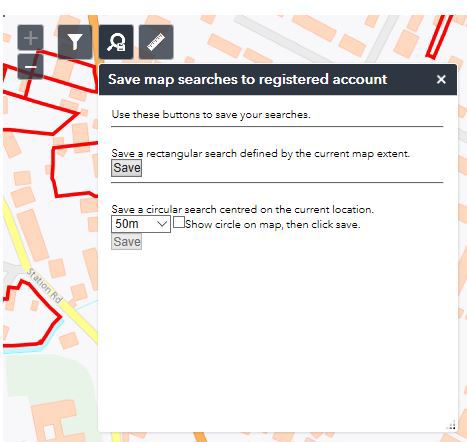 A screenshot of the map area search menu