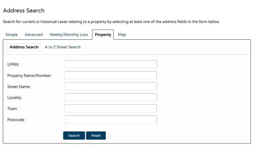 Screenshot of the property search form