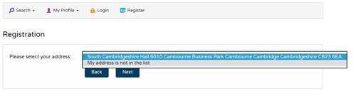 A screenshot of the address selection section of the Public Access registration form with the drop down menu open.