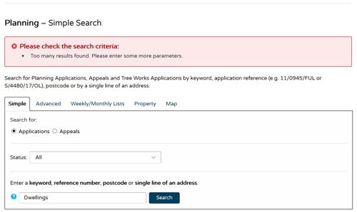 A screenshot of the search criteria warning when there are too many results to be listed.