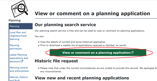 The planning application page