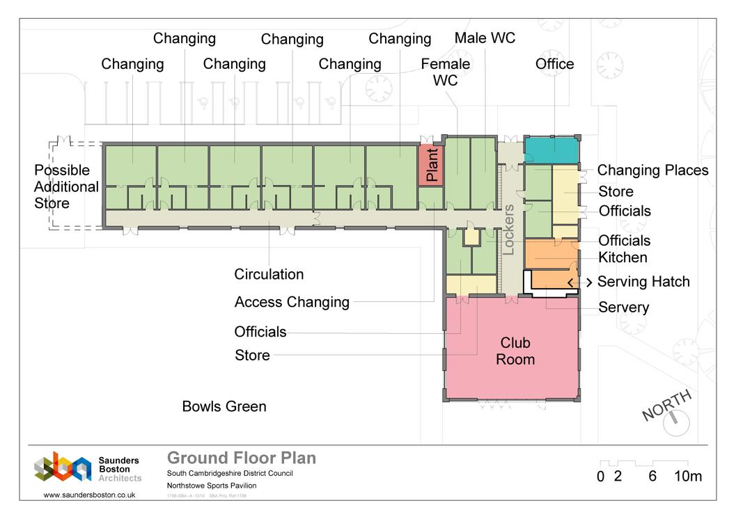 An architects drawing showing the internal layout of the rooms in the Northstowe Phase 1 Sports Pavilion. showing 6 changing rooms, a 'changing places' toilet, kitchen, office and club room.