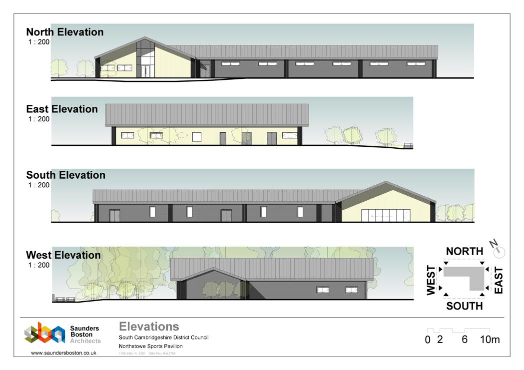 an architects drawing of the outside of the Northstowe phase 1 sports pavilion. it is an unremarkable single story structure.  