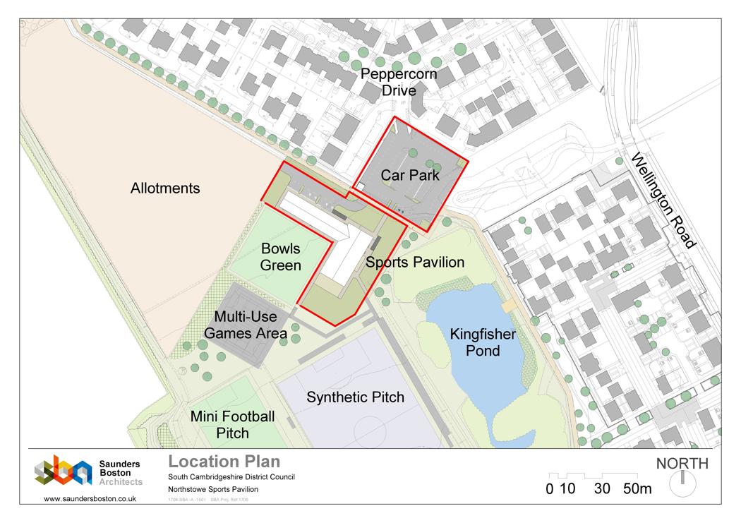 an architects drawing showing the location of the Northstowe Phase 1 sports pavilion.