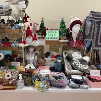 Knitted gifts arranged in a display