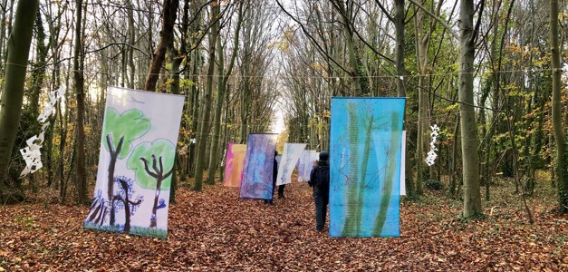 Artwork displayed in the woods