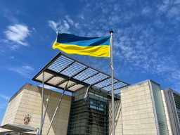 The Flag of Ukraine flying outside South Cambridgeshire Hall, Cambourne.