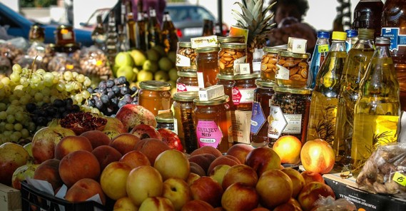 Market stall with fruit and jam jars