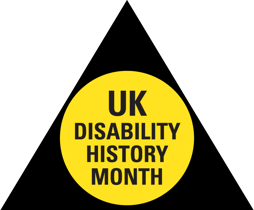 The UK Disability History Month logo - a yellow circle inside a black triangle