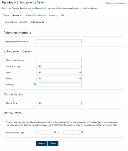 Screenshot of Enforcement Advanced Search Form from Public Access