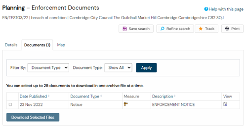 Screenshot of Enforcement case documents list example from Public Access