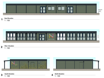 Three graphics showing the exterior of the proposed Northstowe temporary community centre. It is a modular building, with a flat roof.