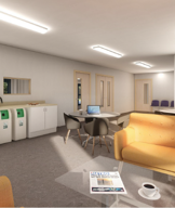 An artist impression of part of the inside of the proposed new Northstowe temporary community centre. There are sofas,  a table and chairs, recycling facilities and a work surface.