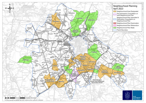 Map of Neighbourhood Plan District areas with shading corresponding with the key to show stage of plan progress 