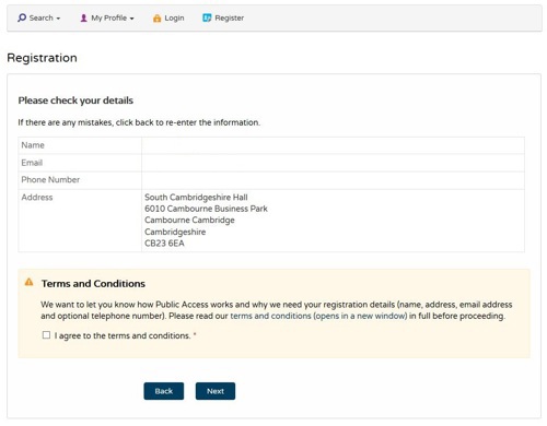 A screenshot of the manual entry address section of the Public Access registration form