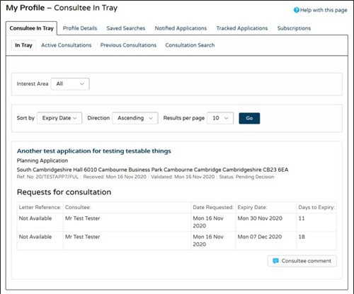 A screenshot of the Consultee In Tray