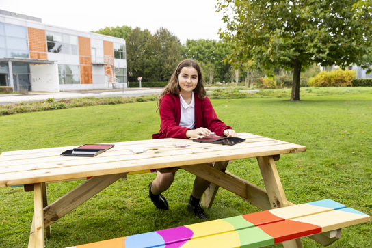 A Melbourn student unveils her winning bench design at the Science Park