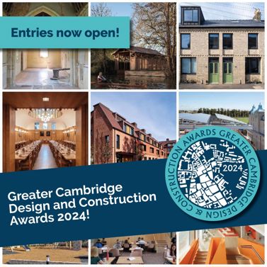 A graphic to highlight that entries are now open for the Greater Cambridge Design and Construction Awards 2024. Several interesting and creative buildings are pictured on the graphic.
