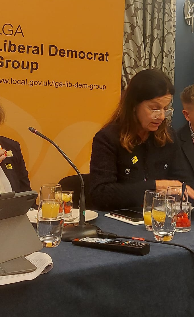 A person speaks at a conference panel table in front of a Local Government Association Liberal Democrat Group banner. Glasses, refreshments and meeting materials are on the table.